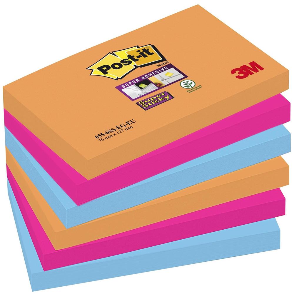 Post-It® Bloczek Samoprzylepny Super Sticky 655.6ss Eg 127x76xmm 6x90 Kart Promienne Kolory - obrazek 2