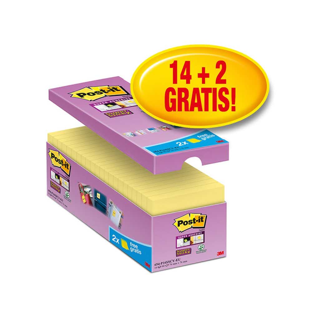 akcesoria biurowe 4 alibiuro.pl Bloczki samoprzylepne Post it Super Sticky 654 P16SSCY EU 76x76mm 16x90 kart. żółte 2 bloczki GRATIS 68