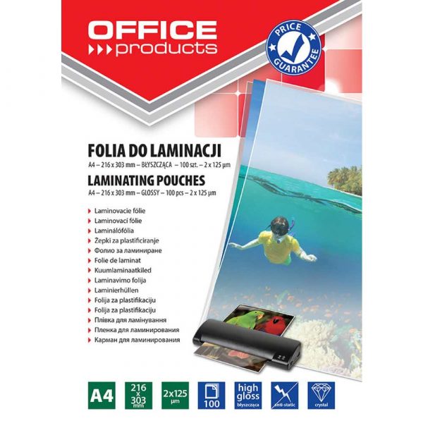 akcesoria biurowe 4 alibiuro.pl Folia do laminowania OFFICE PRODUCTS A4 2x125mikr. błyszcząca 100szt. transparentna 56