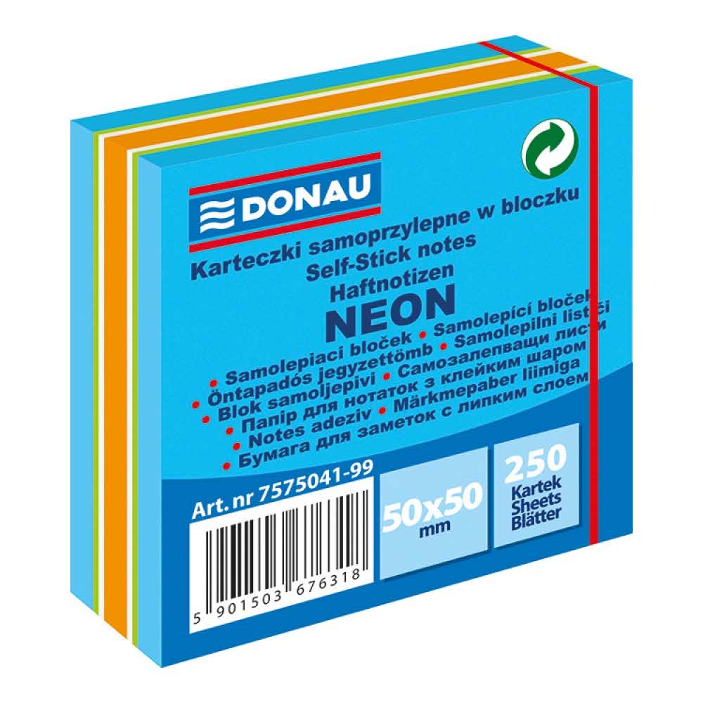 akcesoria biurowe 4 alibiuro.pl Mini kostka samoprzylepna DONAU 50x50mm 1x250 kart. neon pastel mix niebieski 52