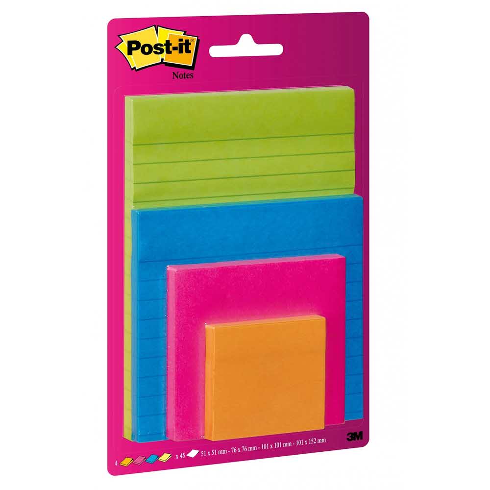 artykuły biurowe 4 alibiuro.pl Bloczek samoprzylepny POST IT Super Sticky 4622 SSEU mix rozmiarów 4x45 kart. zawieszka mix kolorów 75