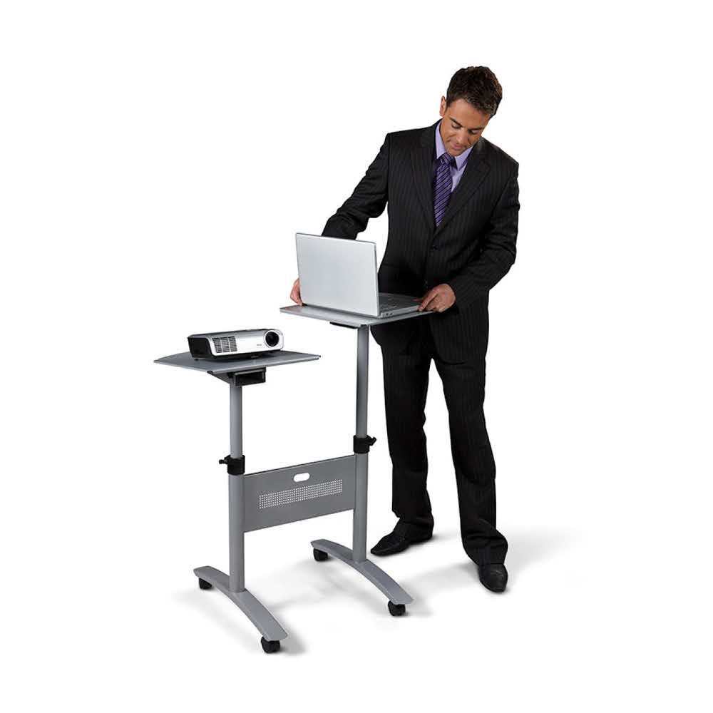 artykuły biurowe 4 alibiuro.pl Stolik multimedialny do projekcji NOBO mobilny metalowy dwupoziomowy srebrny 75