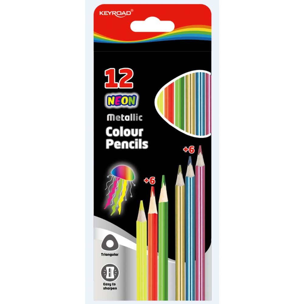 artykuły szkolne 4 alibiuro.pl Kredki ołówkowe KEYROAD trójkątne metaliczne i neonowe 12szt. mix kolorów 25