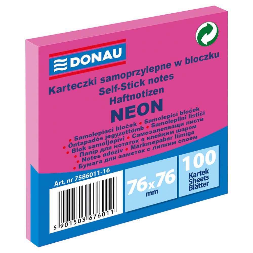 karteczki samoprzylepne 4 alibiuro.pl Bloczek samoprzylepny DONAU 76x76mm 1x100 kart. neon różowy 90