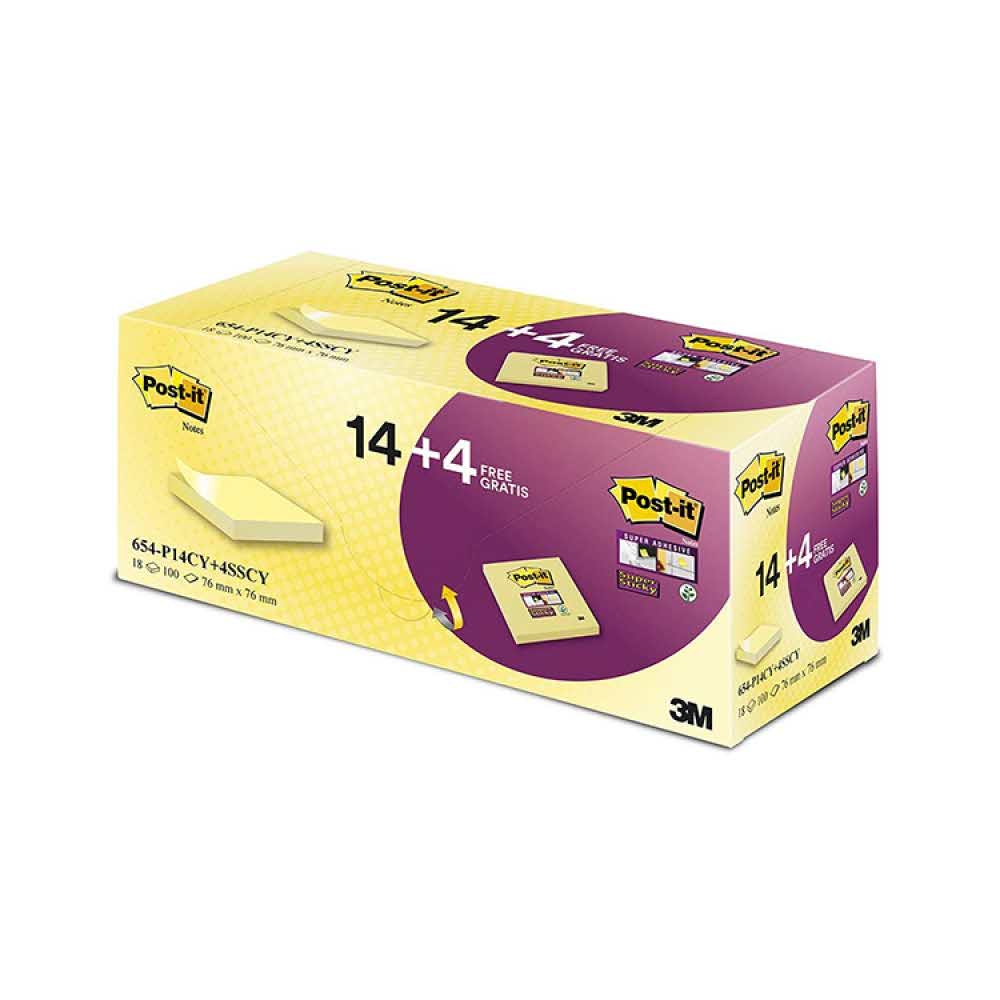 karteczki samoprzylepne 4 alibiuro.pl Karteczki samoprzylepne POST IT 654 P14CY 4SSCY 76x76mm 14 4x90 kart. żółte GRATIS 20