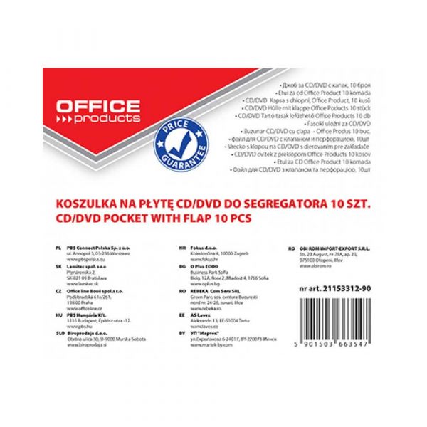 nośniki danych 4 alibiuro.pl Koperty na płyty CD DVD OFFICE PRODUCTS do wpinania PP 10szt. transparentny 13