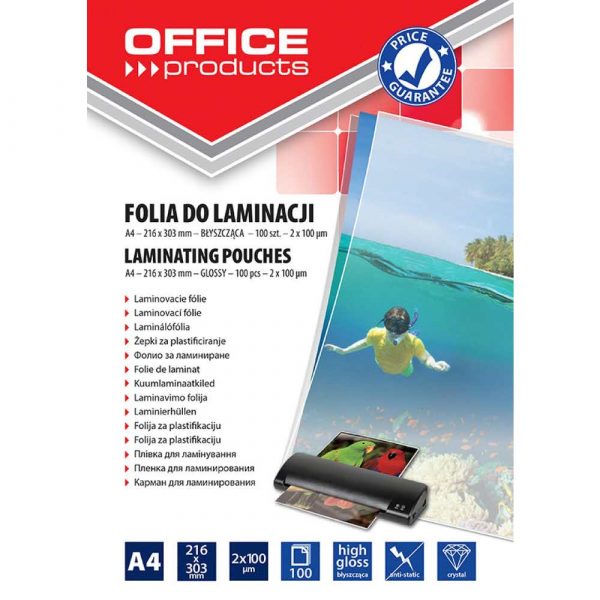organizacja dokumentów 4 alibiuro.pl Folia do laminowania OFFICE PRODUCTS A4 2x100mikr. błyszcząca 100szt. transparentna 12