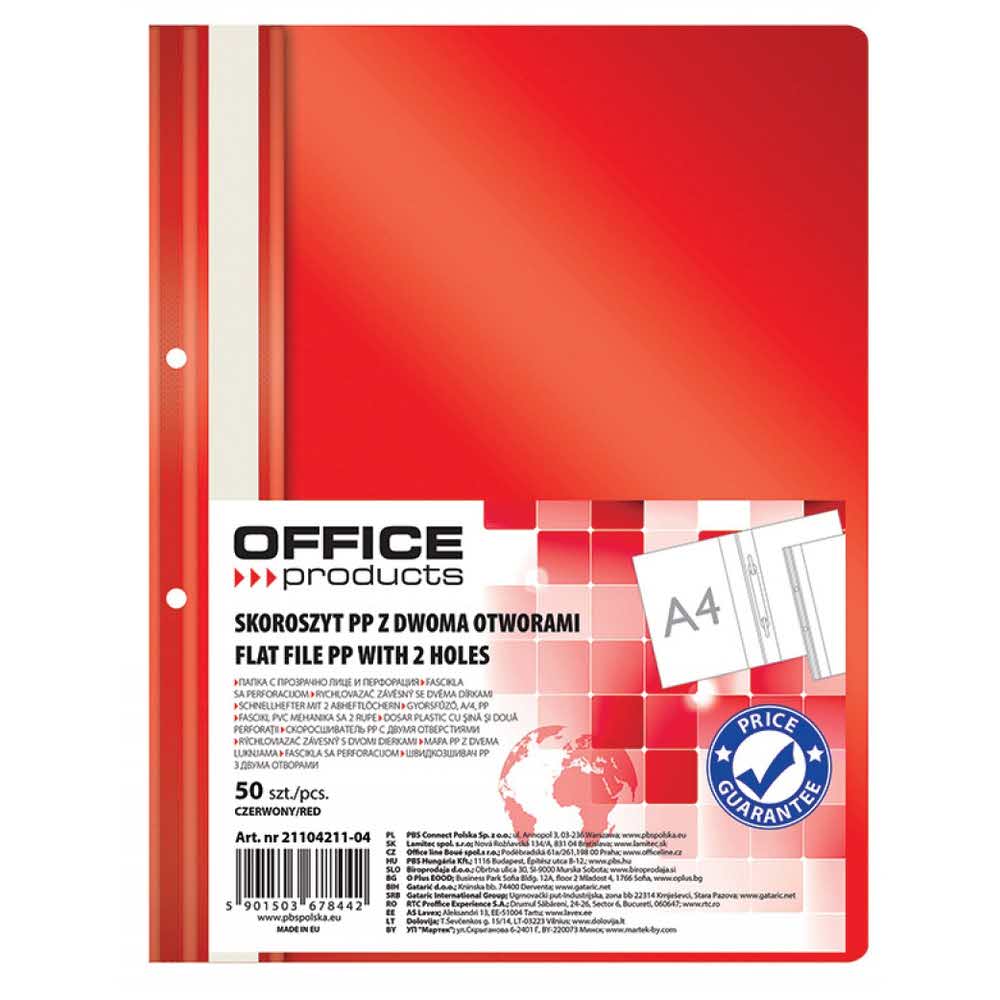skoroszyt 4 alibiuro.pl Skoroszyt OFFICE PRODUCTS PP A4 2 otwory 100 170mikr. wpinany czerwony 38