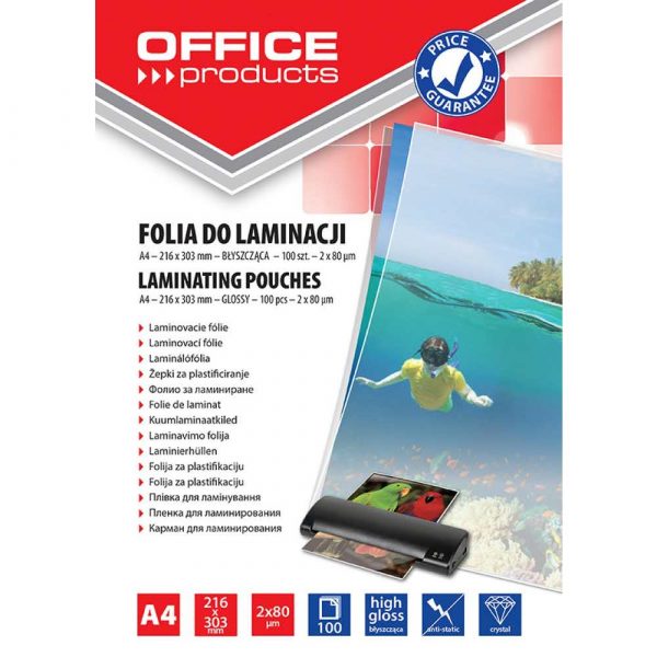 sprzęt biurowy 4 alibiuro.pl Folia do laminowania OFFICE PRODUCTS A4 2x80mikr. błyszcząca 100szt. transparentna 30