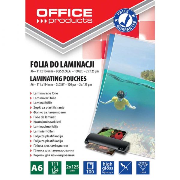sprzęt biurowy 4 alibiuro.pl Folia do laminowania OFFICE PRODUCTS A6 2x125mikr. błyszcząca 100szt. transparentna 32