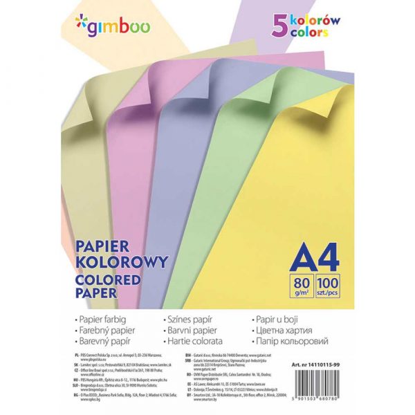 sprzęt biurowy 4 alibiuro.pl Papier kolorowy GIMBOO A4 100 arkuszy 80gsm 5 kolorów pastelowych 48