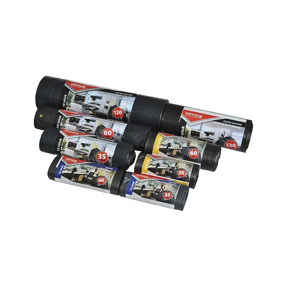 worki do segregacji śmieci 4 alibiuro.pl Worki na śmieci domowe z taśmą OFFICE PRODUCTS super mocne LDPE 120l 10szt. czarne 75