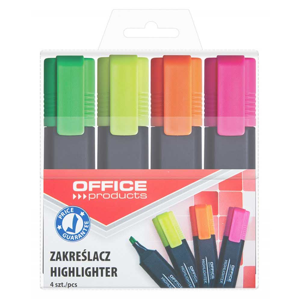 zakreślacz biurowy 4 alibiuro.pl Zakreślacz fluorescencyjny OFFICE PRODUCTS 1 5mm linia 4szt. mix kolorów 71