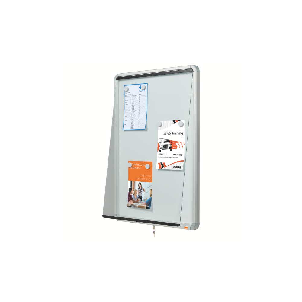 gablota wewnętrzna 5 alibiuro.pl Szklana magnetyczna gablota wewnętrzna Nobo biały 57