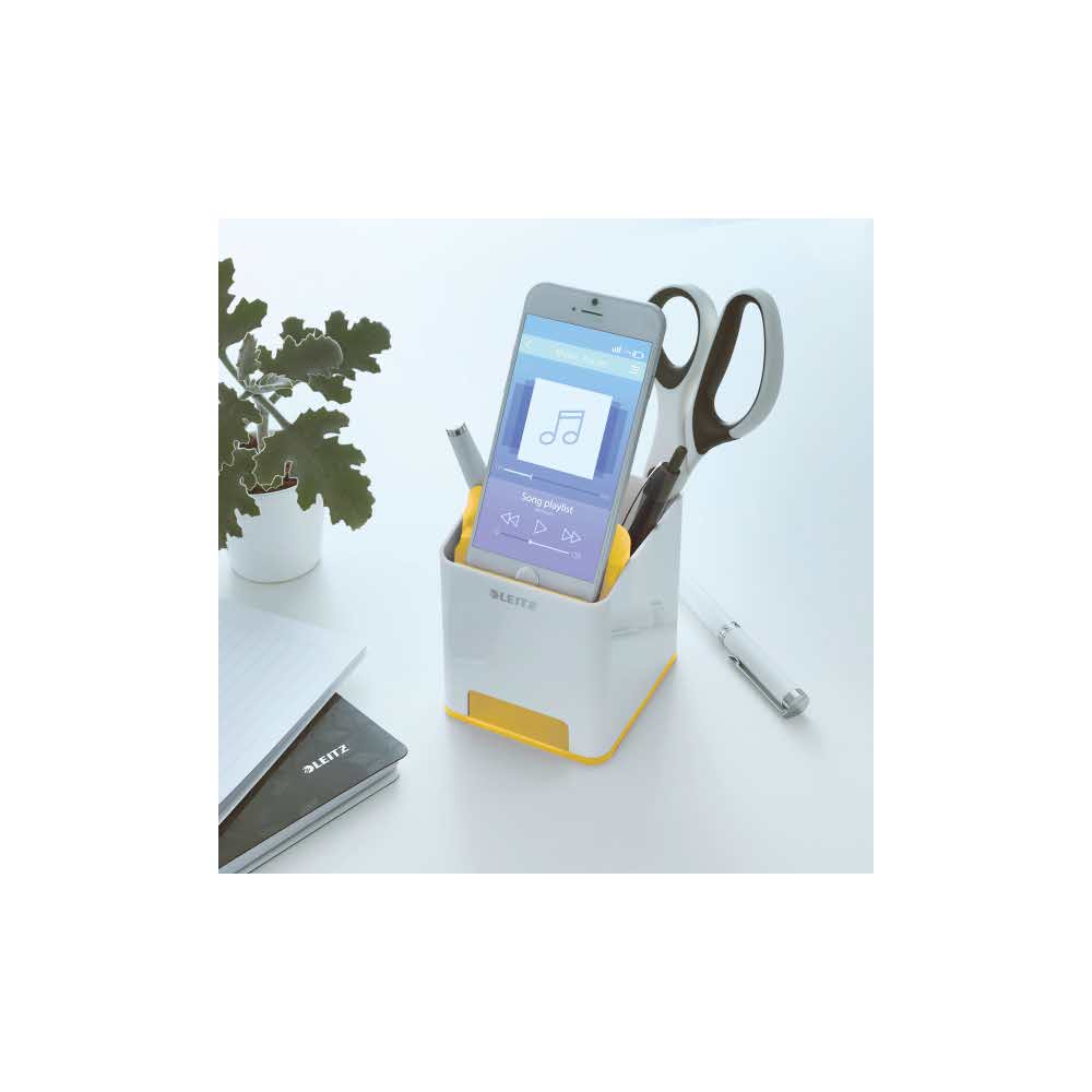 organizer na biurko 5 alibiuro.pl Kubek na długopisy Leitz WOW ze wzmacniaczem dźwięku żółty 86