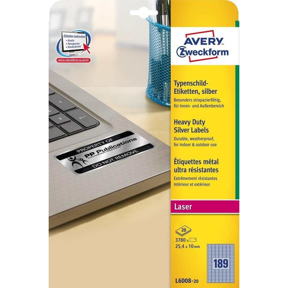 artykuły biurowe 7 alibiuro.pl Etykiety ochronne Do nadruku AVERY Zweckform L6008 20 25.4mm x 10mm Poliester kolor srebrny 76