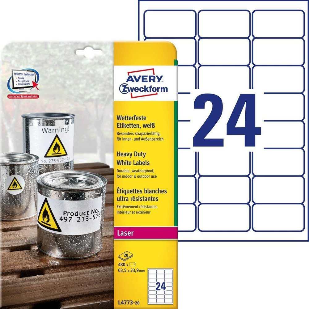 artykuły papiernicze 7 alibiuro.pl Zestaw etykiet ochronne Do nadruku AVERY Zweckform Heavy Duty A4 L4773 20 63.5mm x 34mm Poliester kolor biay 15