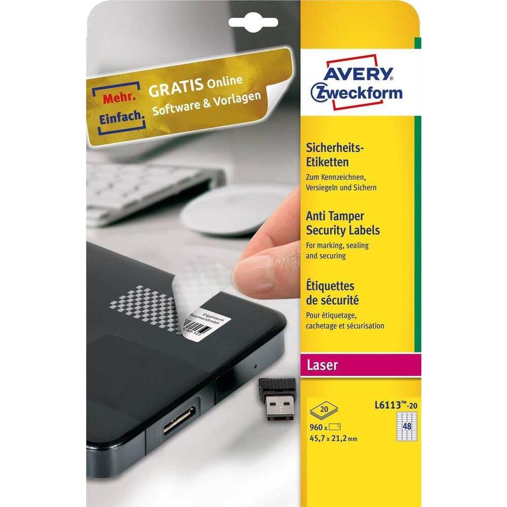 artykuły papiernicze 7 alibiuro.pl Zestaw etykiet ochronne Do nadruku AVERY Zweckform L6113 20 45.5mm x 21.2mm Poliester kolor biay 93