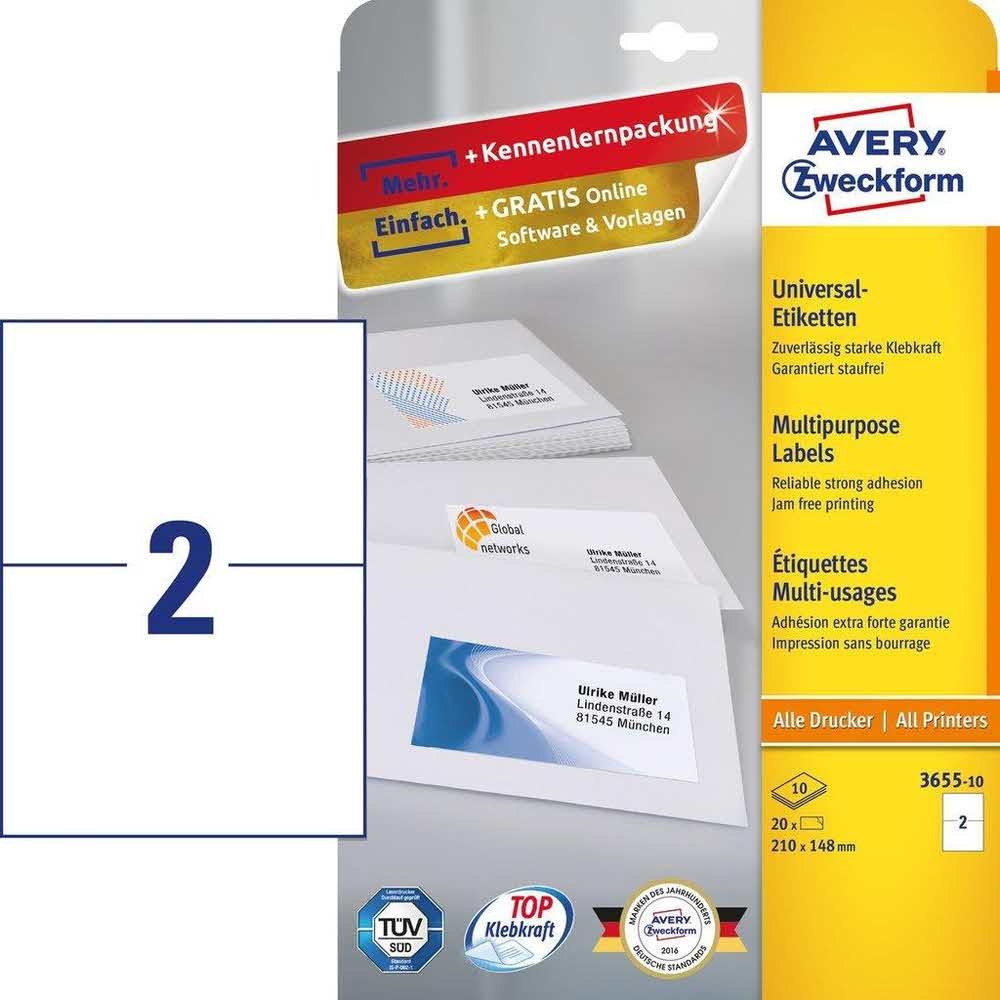 artykuły papiernicze 7 alibiuro.pl Zestaw etykiet uniwersalne Do nadruku AVERY Zweckform 3655 10 210mm x 148mm Papier kolor biay 3