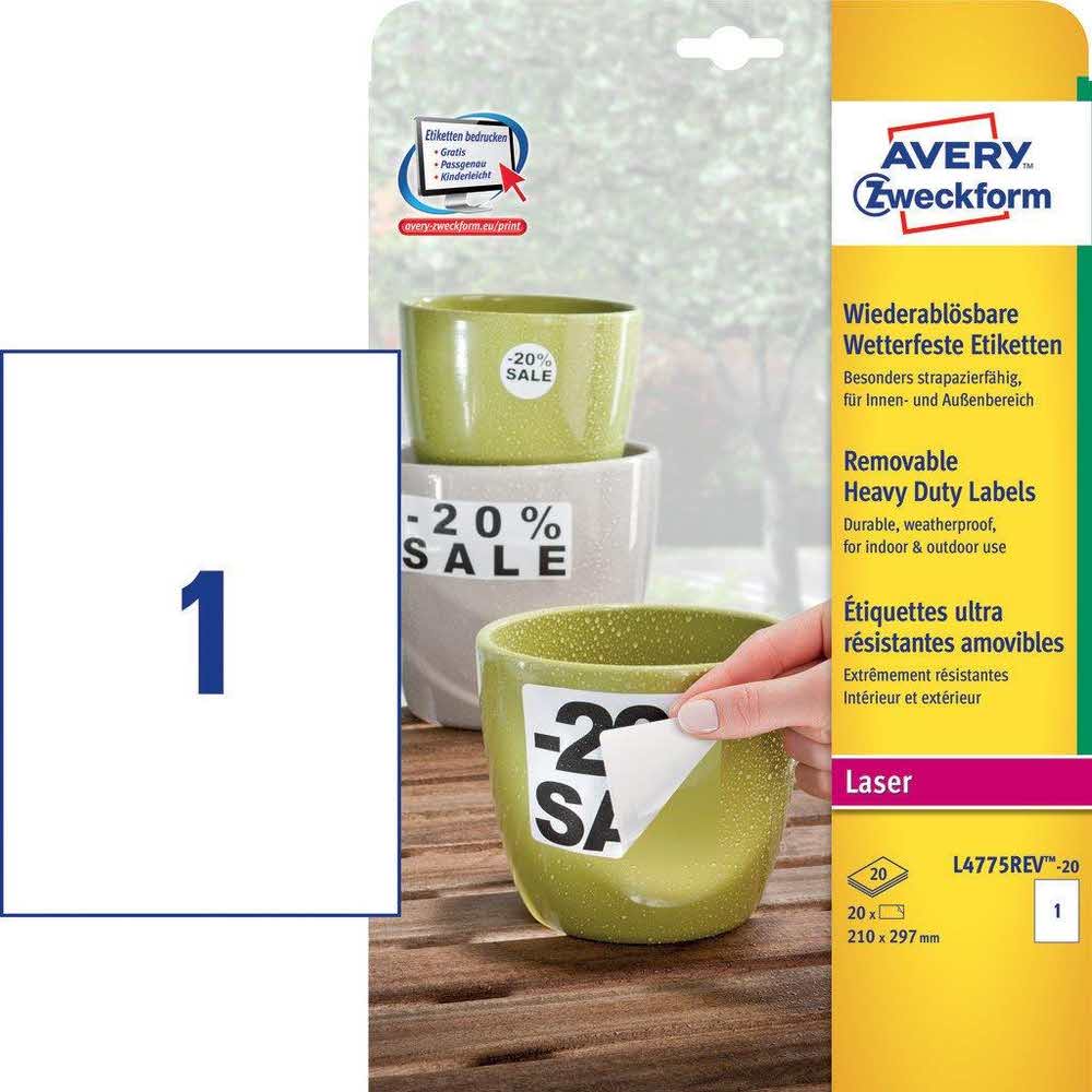 etykiety samoprzylepne 7 alibiuro.pl Etykiety ochronne AVERY Zweckform L4775REV 20 210mm x 297mm Poliester kolor biay 46
