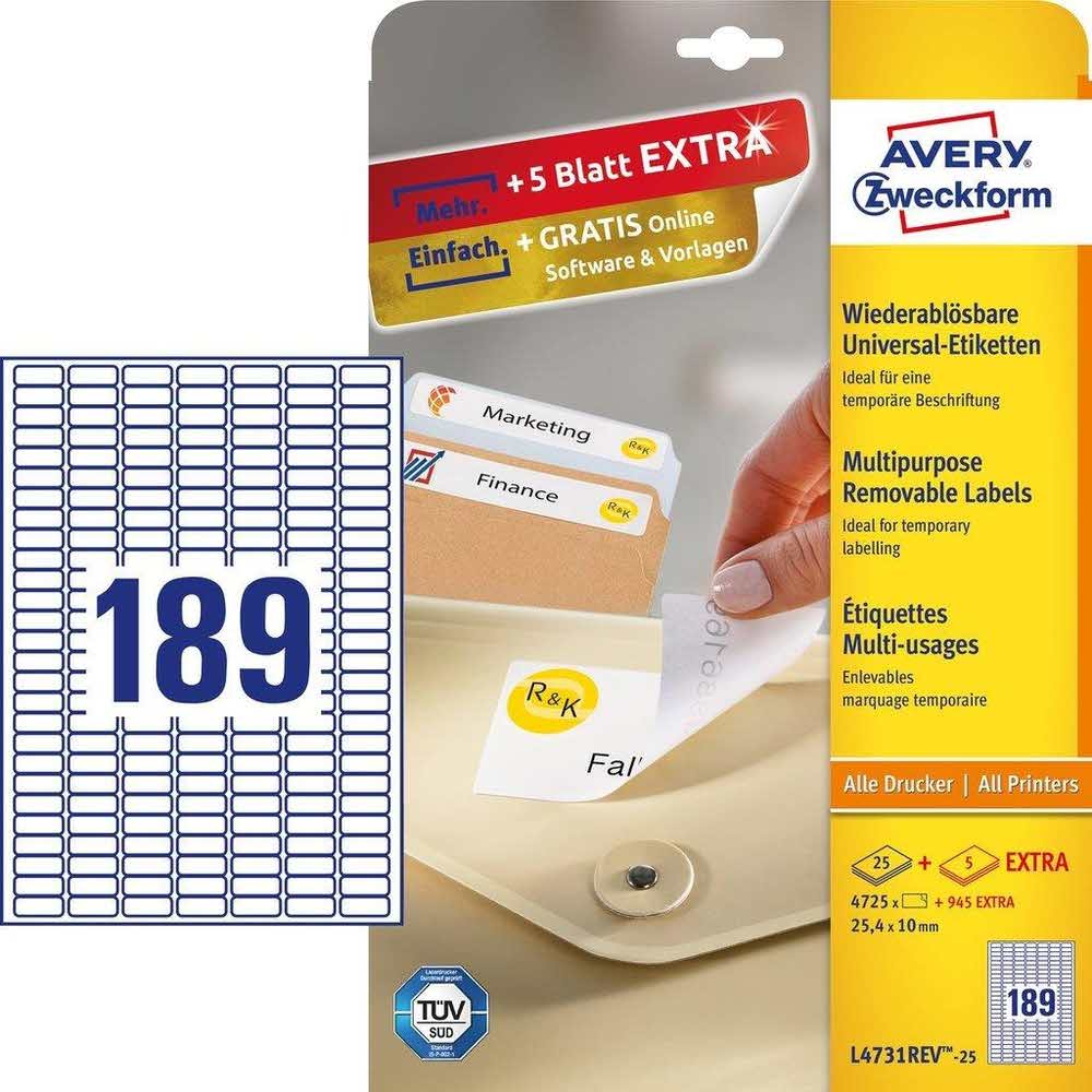 etykiety samoprzylepne 7 alibiuro.pl Zestaw etykiet uniwersalne Do nadruku AVERY Zweckform L4731REV 25 35.5mm x 16.9mm Papier kolor biay 80