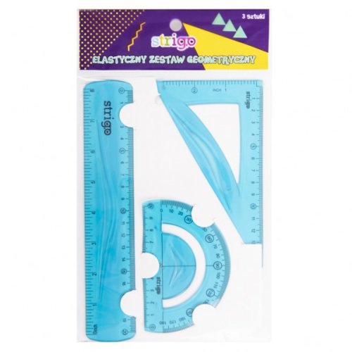 Elastyczny zestaw geometryczny (3 elementy: linijka 20 cm, ekierka, kątomierz) Strigo niebieski SSC073