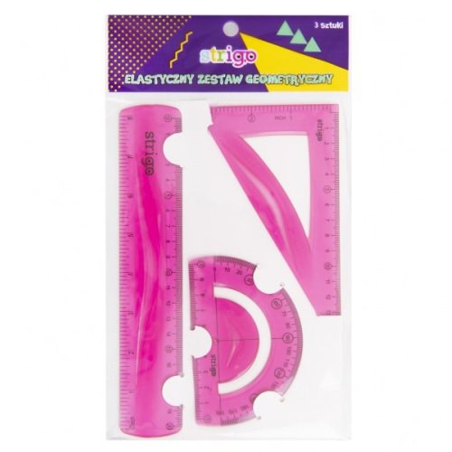 Elastyczny zestaw geometryczny (3 elementy: linijka 20 cm, ekierka, kątomierz) Strigo różowy
