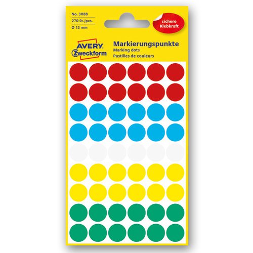 3088 Kółka do zaznaczania kolorowe 270 etyk./op. fi12 mm mix kolorów Avery Zweckform