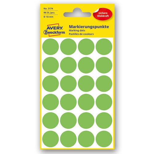 3174 Kółka do zaznaczania kolorowe 96 etyk./op. fi18 mm zielone odblaskowe Avery Zweckform