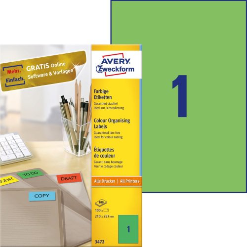 3472 Etykiety trwałe kolorowe A4 (100 szt.) 210 x 297 mm zielone Avery Zweckform