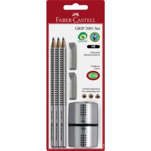 grip 2001 set srebrny 3x ołówek temperówka 2 x gumka nakładka blister faber castell alibiuro.pl 35
