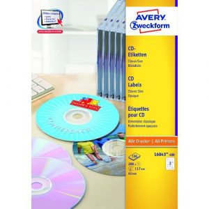 L6043-100 Etykiety na płyty CD A4 100 ark./op. fi117 mm białe Avery Zweckform