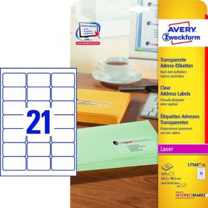 L7560-25 Etykiety adresowe przezroczyste A4 25 ark.63,5 x 38,1mm Avery Zweckform
