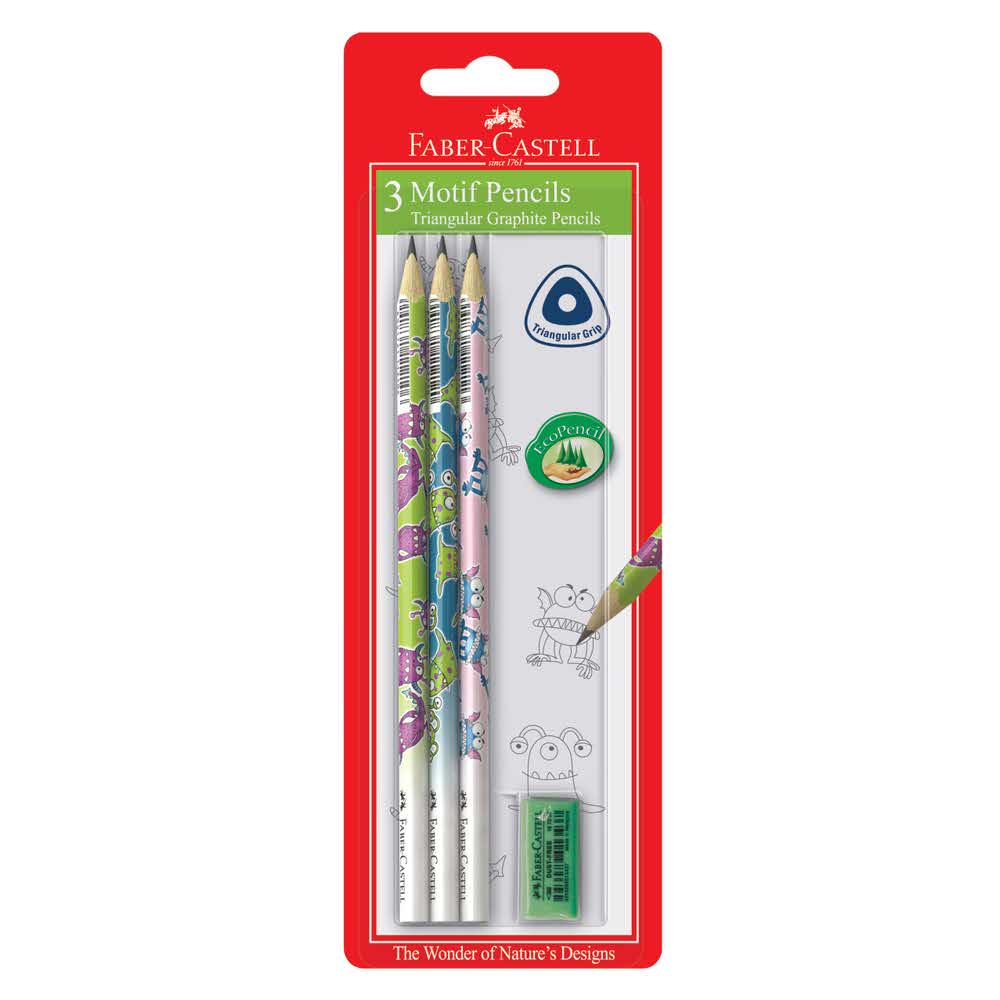 ołówki trójkątne motyw potworki kpl.3 szt+gumka blister faber castell alibiuro.pl 45