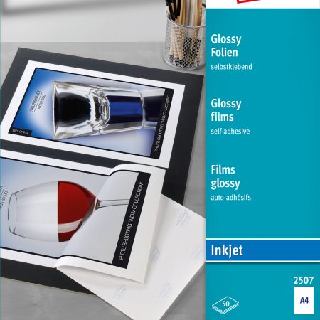 Błyszczące folie samoprzylepne; A4, 50 szt./op., powlekane, grubość 0,2 mm, białe, wysokobłyszczące, Avery Zweckform