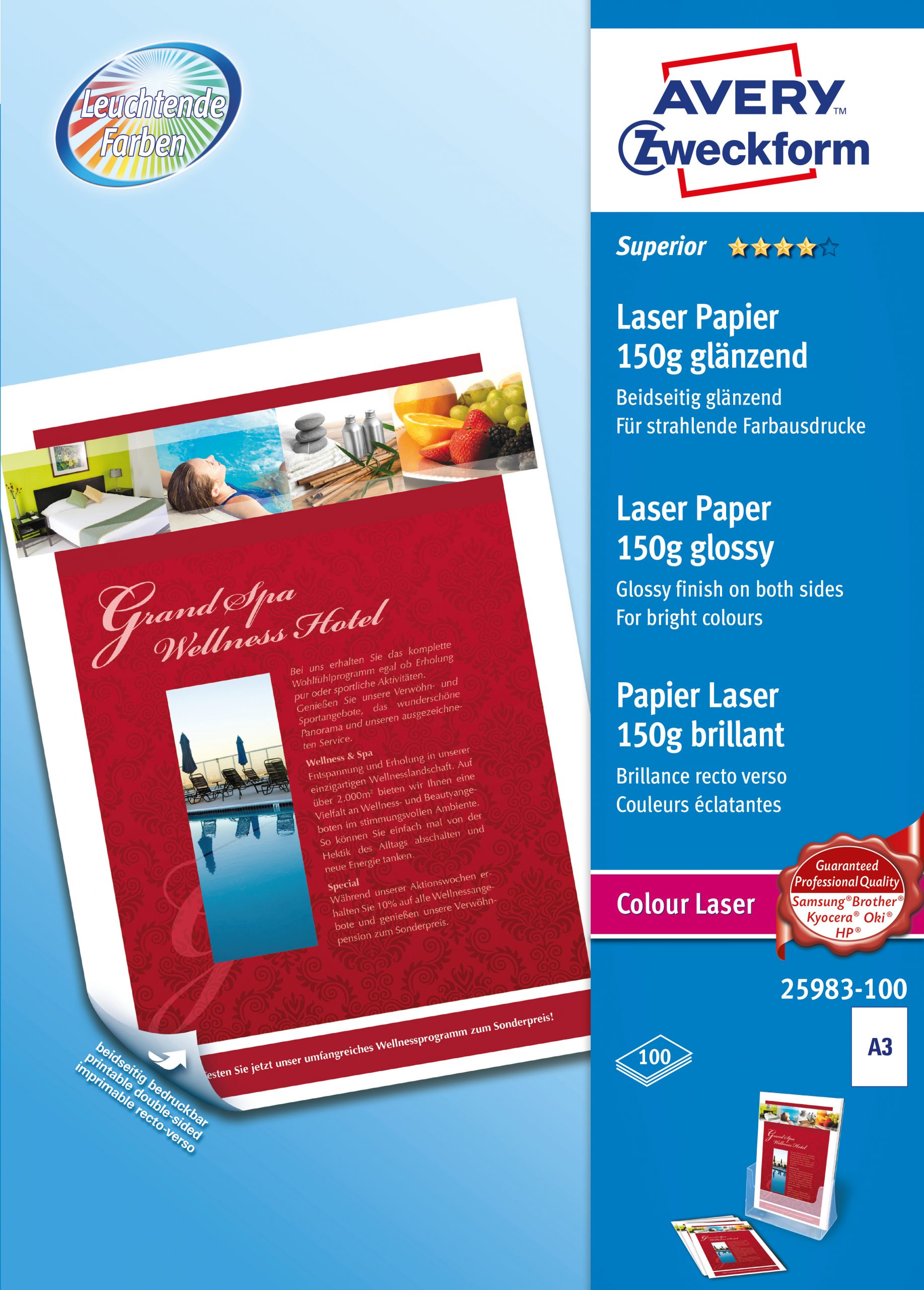 Papier do kolorowych drukarek laserowych, wysokobłyszczący, dwustronnie powlekany, 150 g, 297 x 420 mm, biały, Avery Zweckform