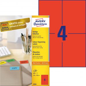 Etykiety trwałe kolorowe Avery Zweckform; A4, 100 ark./op., 105 x 148 mm, czerwone