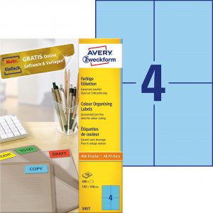 Etykiety trwałe kolorowe Avery Zweckform; A4, 100 ark./op., 105 x 148 mm, niebieskie