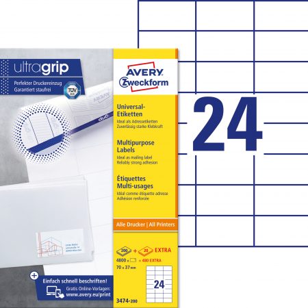 Trwałe etykiety uniwersalne Avery Zweckform; A4, 220 ark./op., 70 x 37 mm, białe