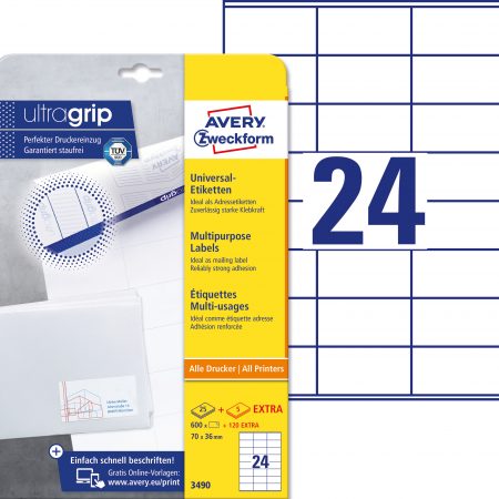 Trwałe etykiety uniwersalne Avery Zweckform; A4, 30 ark./op., 70 x 36 mm, białe
