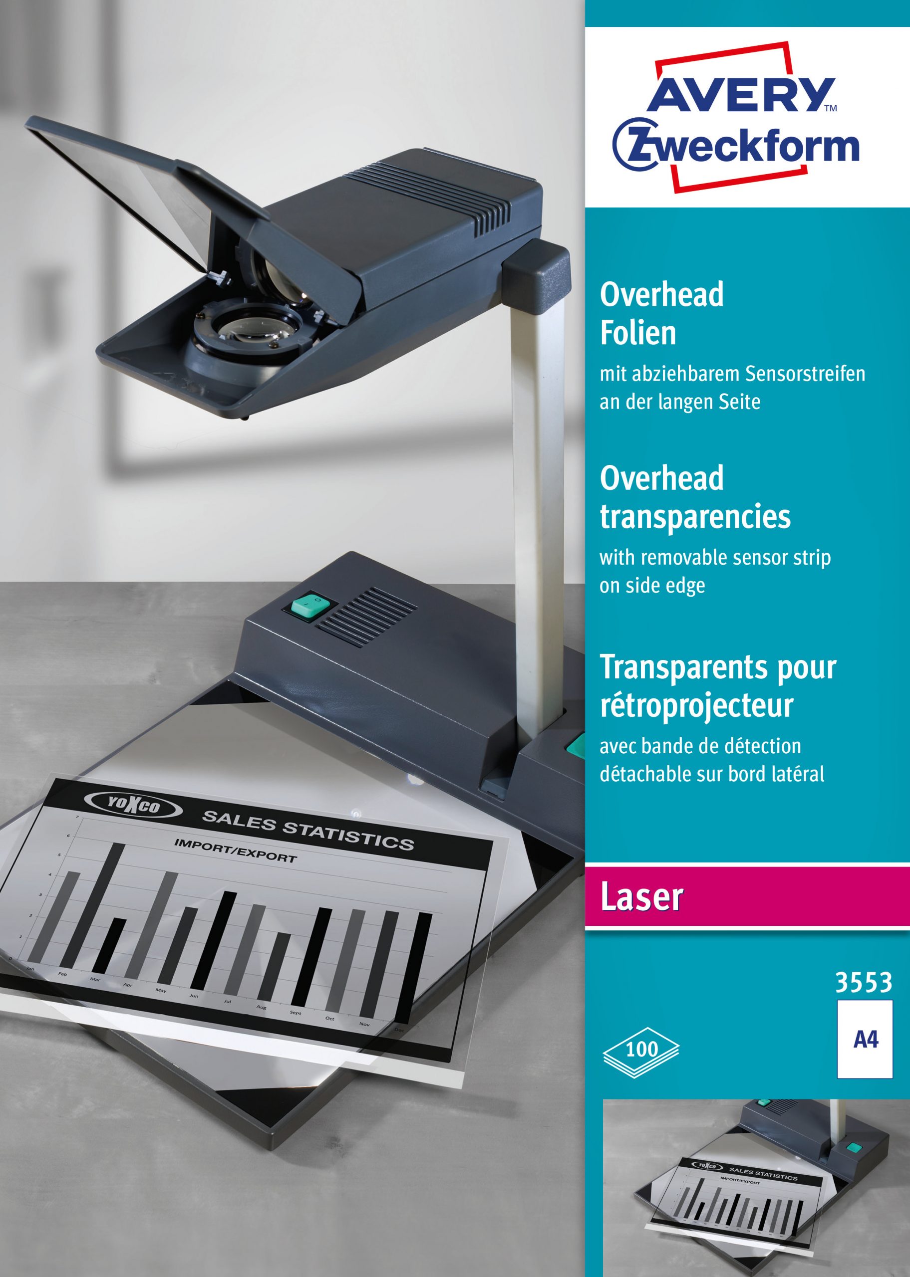 Folie do rzutników (do czarno-białych drukarek laserowych i kopiarek); A4, 100 szt./op., powlekane, grubość 0,10 mm, Avery Zweckform