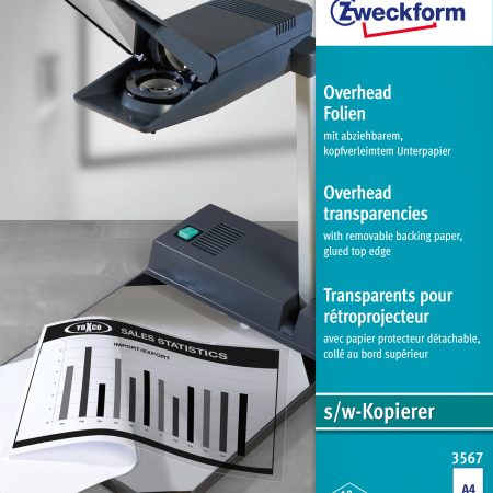 Folie do rzutników (do czarno-białych kopiarek); A4, 10 szt./op., powlekane, grubość 0,10 mm, Avery Zweckform
