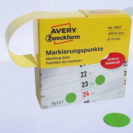 Kółka do zaznaczania w dyspenserze, trwałe, 250 szt. / rolka, Ø19 mm, zielone, Avery Zweckform