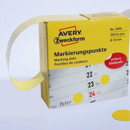 Kółka do zaznaczania w dyspenserze, trwałe, 250 szt. / rolka, Ø19 mm, żółte, Avery Zweckform