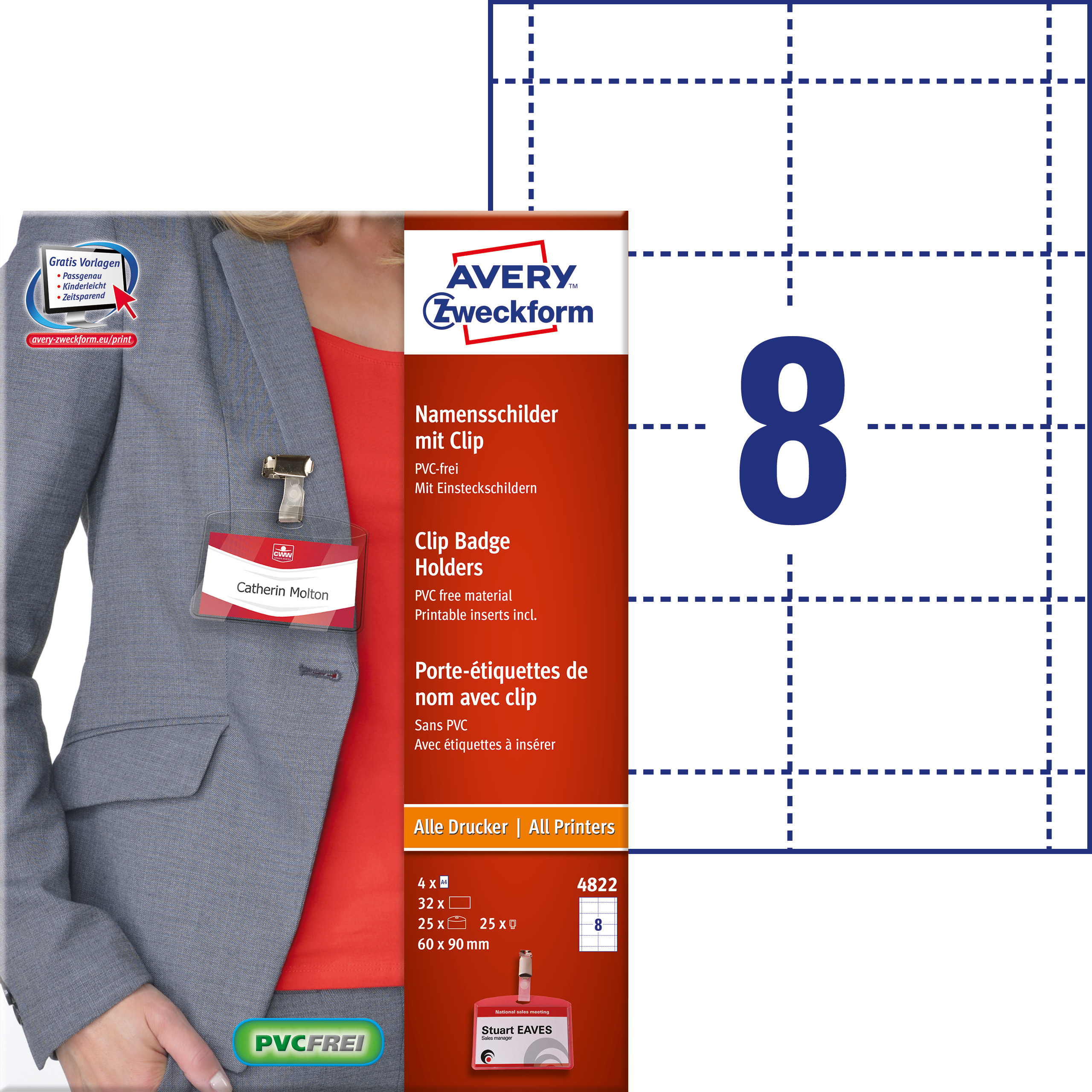 Identyfikator z klipsem Avery Zweckform; A4, 25 identyfikatorów + 32 wkłady, 60 x 90 mm