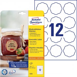 Usuwalne etykiety na przetwory Avery Zweckform, A4, 10 ark./op., 60 x 59,5 mm, kształt kwiatu, białe