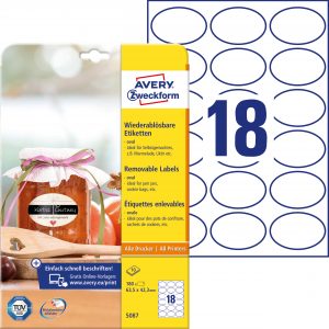 Usuwalne etykiety na przetwory Avery Zweckform, A4, 10 ark./op., 63,5 x 42,3, owalne, białe