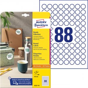 Etykiety okrągłe Avery Zweckform, A4, 10 ark./op., Ø20 mm, białe, trwałe