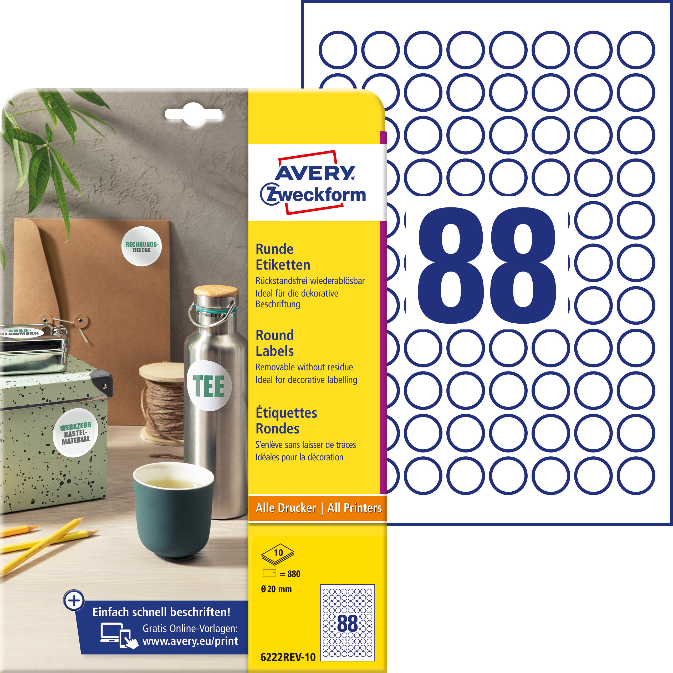 Etykiety okrągłe Avery Zweckform, A4, 10 ark./op., Ø20 mm, białe, usuwalne