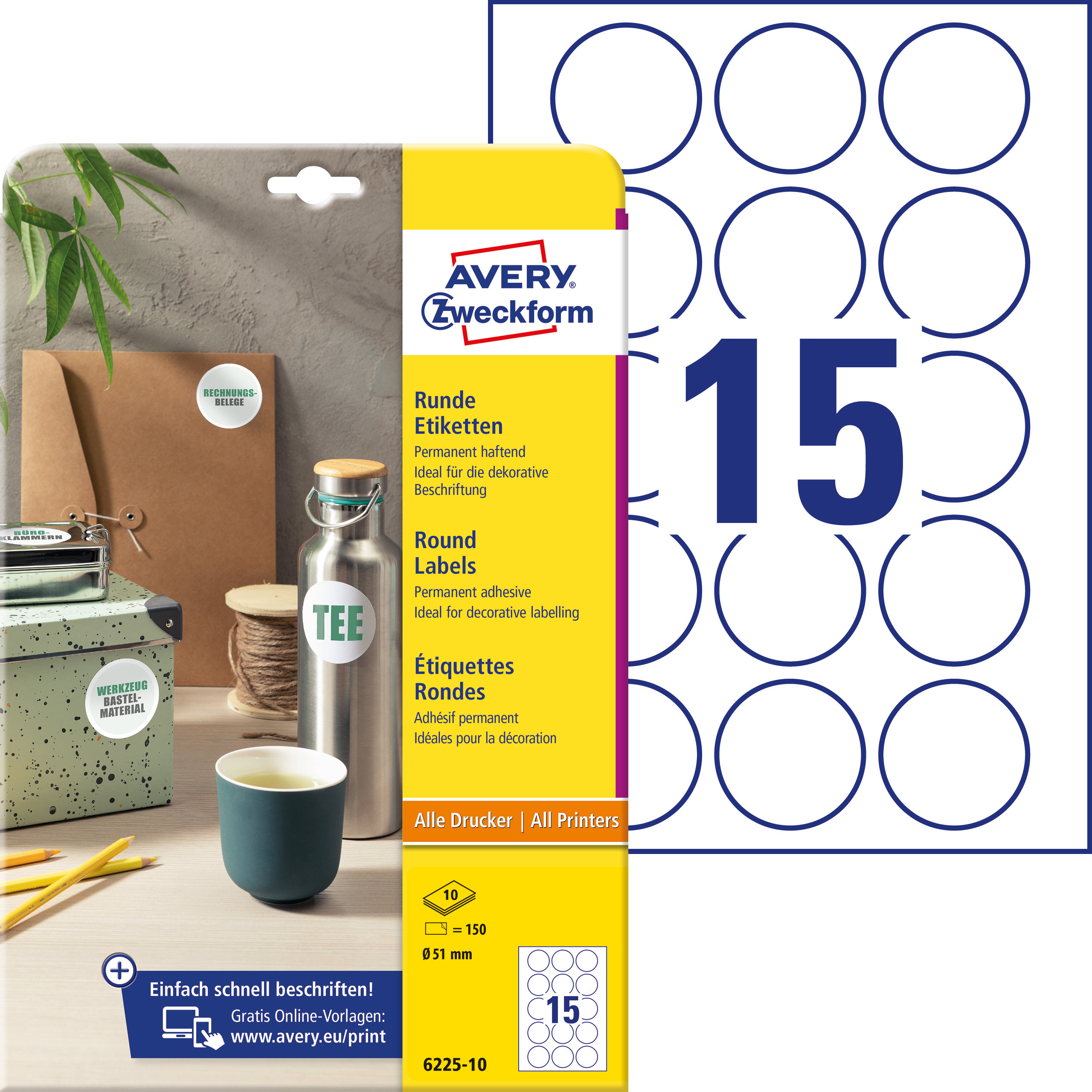 Etykiety okrągłe Avery Zweckform, A4, 10 ark./op., Ø51 mm, białe, trwałe